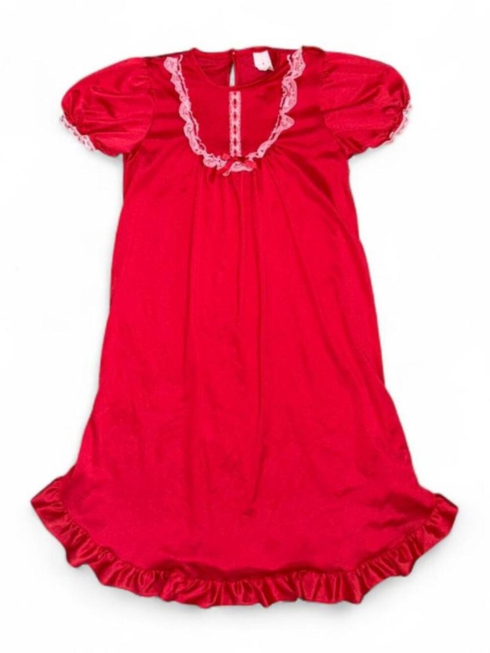 Vintage Laura Dare Red Nightgown with White Lace Trim and Puffy Sleeves Ruffles